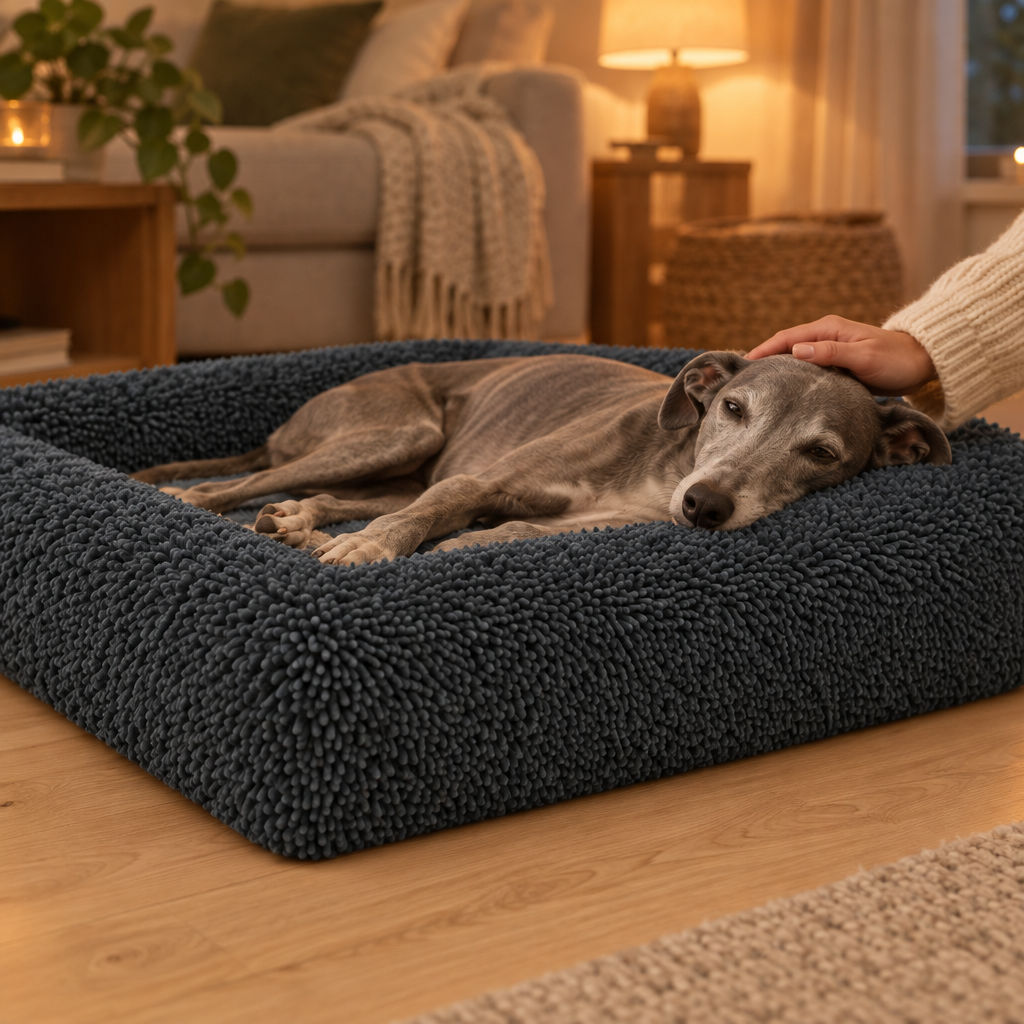 Slaperige whippet wordt geaaid op de Towel Hoes Charcoal